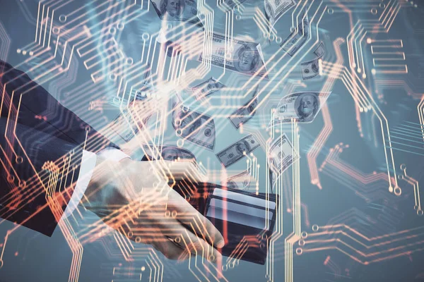 Teknolojinin hologramı, Amerikan dolarları ve insan eli çizimleri. Teknoloji konsepti.