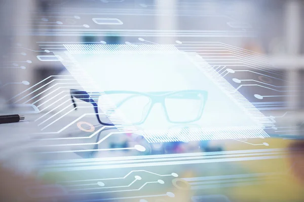 Data Tech Hologram Glasses Table Background Concept Technology Double Exposure — Stock Photo, Image