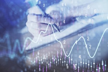 Finansal Forex grafik eller notları arka plan alarak görüntülenir. Araştırma kavramı. Çift Pozlama