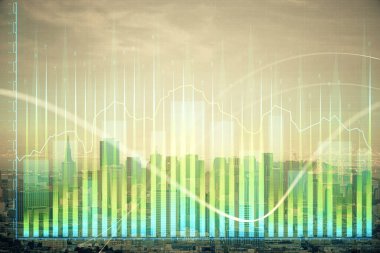 Gökdelenler arka planda çoklu pozlama ile şehir görünümünde eski grafik. Mali analiz kavramı.