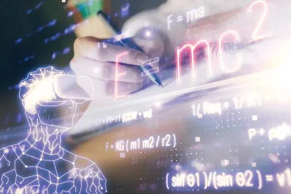 Fórmula Científica Holograma Sobre Las Manos Mujer Tomando Notas Fondo — Foto de Stock