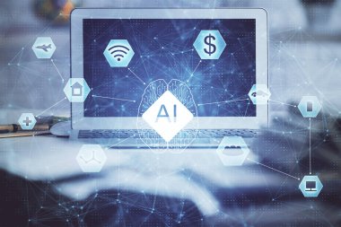 Masaüstü bilgisayar ve teknoloji temalı holograma çoklu maruz kalma. Yazılım geliştirme kavramı.