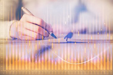 Hands Not defteri hisse senedi piyasası hakkında bilgi yazma. Ön Forex grafik hologramlar. Araştırma kavramı. Çoklu pozlama