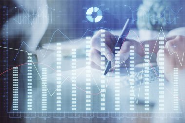 Finansal Forex grafik eller notları arka plan alarak görüntülenir. Araştırma kavramı. Çoklu pozlama