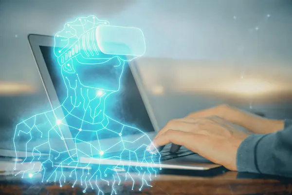 Holograma Con Hombre Trabajando Computadora Segundo Plano Concepto Realidad Aumentada — Foto de Stock