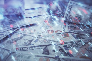 İki kez veri temasına maruz kalınca dolar banknotları arka planda kalıyor. Teknoloji konsepti.