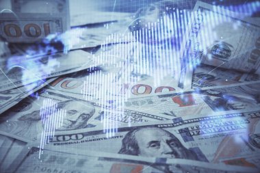 İşletme temasının çoklu pozu bize dolar banknotları üzerinden geçiyor. Finansal başarı kavramı.