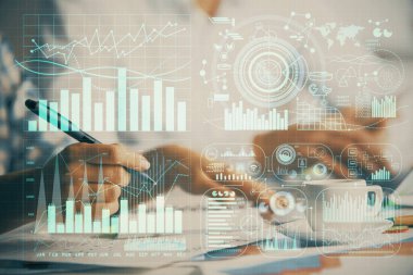 Ön x grafiğinin arka plan notları alan insanların üzerini çizerken çift pozlama. Mali analiz kavramı