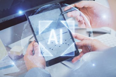 Dijital bir cihaz ve veri temalı çizim kullanan bir adamın el ele tutuşması. Yenilik kavramı.