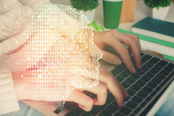Double Exposure Woman Hands Working Computer Brain Hologram Drawing Concept — Stock Photo, Image