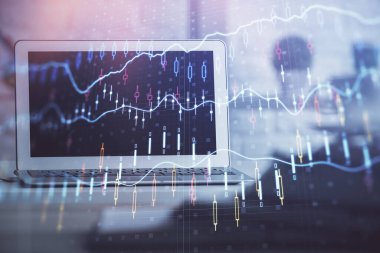 Eski pazar grafiği hologramı ve kişisel bilgisayar geçmişi. Çoklu maruz kalma. Yatırım kavramı.