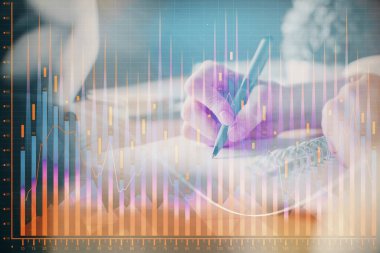 Finansal Forex grafik eller notları arka plan alarak görüntülenir. Araştırma kavramı. Çoklu pozlama