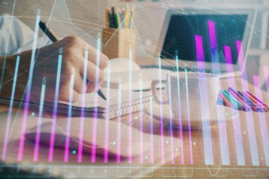 Finansal grafik el notları arka plan alarak üzerinde çizilmiş. Araştırma kavramı. Çift Pozlama