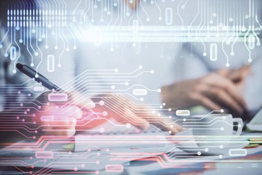 Veri temalı çizimin arka plan yazan insanların üzerine çifte pozlanması. Teknoloji kavramı