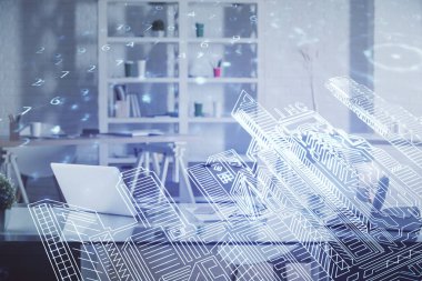 Kasabanın çizimlerine ve ofis iç dekorasyonuna çoklu maruz kalma. Akıllı şehir konsepti.