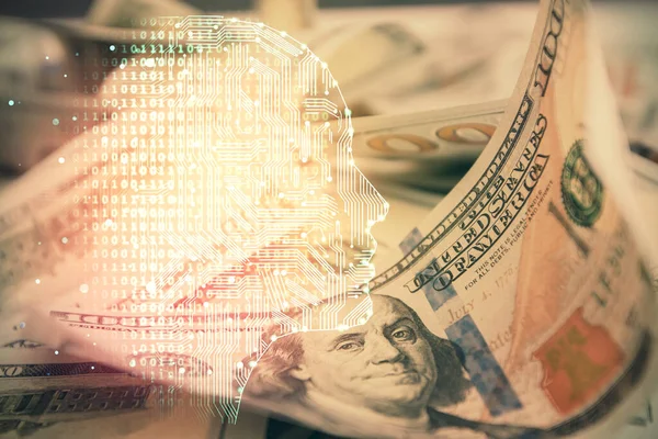 Beynimizin Dolar Banknotlarının Arka Planına Iki Kez Çekilmesi Teknoloji Konsepti — Stok fotoğraf