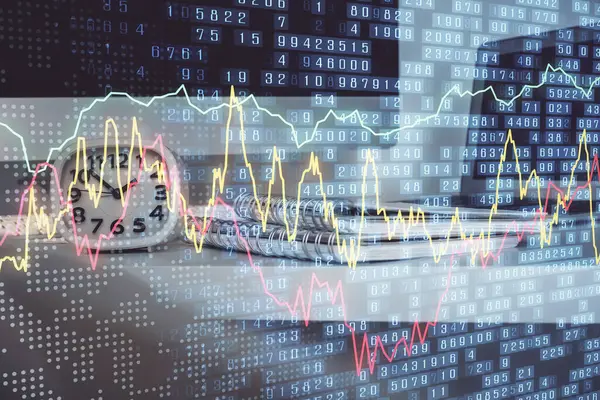 Forex Marktkaart Hologram Personal Computer Achtergrond Meervoudige Blootstelling Begrip Investering — Stockfoto