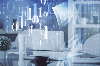 Veri teması çizimi ve ofis içi arka planına çifte maruz kalma. Teknoloji kavramı.