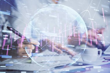 Ön x grafiğinin arka plan notları alan insanların üzerini çizerken çift pozlama. Mali analiz kavramı