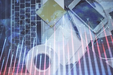 Bilgisayarla arka plan üzerine iki kat mali şema çizimi. Araştırma ve analiz kavramı. Üst görünüm.