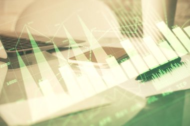 Ön x grafik çizimi ve cep telefonu arkaplanı çift pozlama. Mali veri analizi kavramı