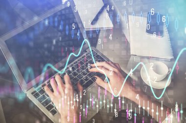 Bilgisayarda ve ön x grafik hologram çiziminde kadın eli yazarken çift pozlama. Borsa yatırım kavramı.