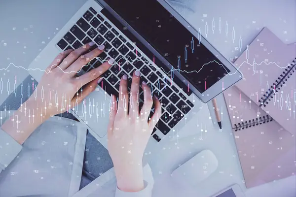 Double Exposure Woman Hands Working Computer Forex Graph Hologram Drawing — Stock Photo, Image
