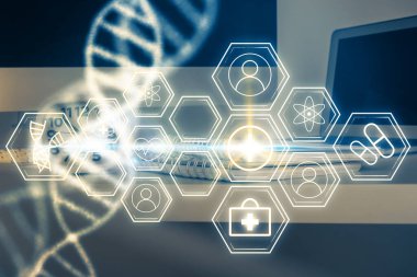 Masaüstü bilgisayar arkaplanı ve DNA çizimi. Çifte maruziyet. Bilim konsepti.