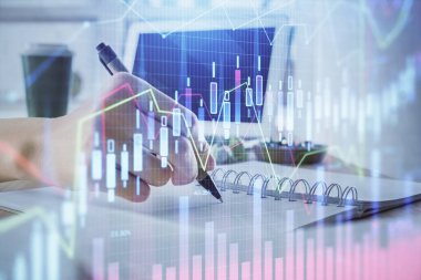 Finansal Forex grafiği el notları arka plan alarak çizilmiş. Araştırma kavramı. Çoklu pozlama