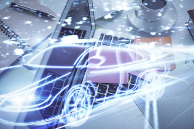 Otomatik pilot hologram masaüstü arka planında bilgisayardan çizim yapıyor. Üst Manzara. Çifte maruziyet. Teknoloji kavramı.