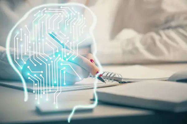 Double Exposure Woman Writing Hand Background Brain Hologram Concept Brainstorming — Stock Photo, Image