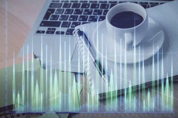 Multi Exposure Forex Graph Drawing Desktop Coffee Items Table Background — Stock Photo, Image