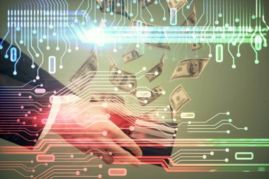 Teknolojiye çoklu maruz kalma hologram, dolar banknotları ve insan eli. Veri kavramı