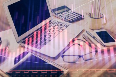 Eski pazar grafiği hologramı ve kişisel bilgisayar geçmişi. Çoklu maruz kalma. Yatırım kavramı.