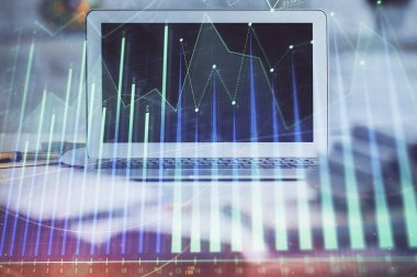 Eski pazar grafiği hologramı ve kişisel bilgisayar geçmişi. Çifte maruziyet. Yatırım kavramı.