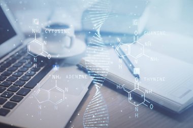 Masa arkasında kahve ve eşyalar olan DNA çizimi ve masaüstüne çifte maruz kalma. Tıp bilimi eğitimi kavramı