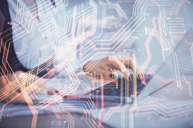 Bilgisayar ve teknoloji temalı çizimlerde kadın elinin çifte pozlanması. Yüksek Teknoloji kavramı.