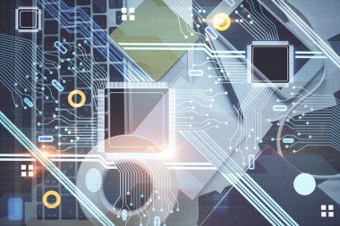 Çalışma masası arkaplanının üstünde bilgisayarla hologram çizen veriye çifte maruz kalma. Ai kavramı.