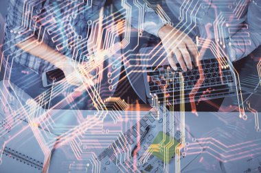 Kadın ve erkeğin birlikte çalışması ve teknoloji temalı çizimler. Bilgisayar arkaplanı. Üst Manzara. Yüksek teknoloji konsepti.