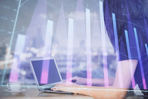 Double Exposure Businesswoman Hands Typing Computer Forex Chart Hologram Drawing — Stock Photo, Image