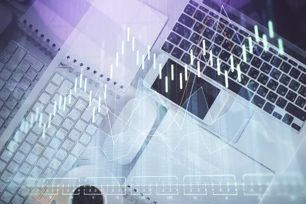 Financial Market Graph Top View Computer Desktop Background Multi Exposure — Stock Photo, Image