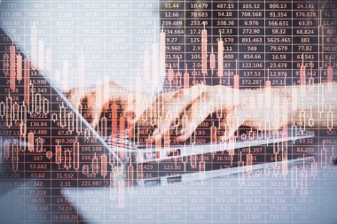 Bilgisayarda ve ön x grafik hologram çiziminde kadın eli yazarken çift pozlama. Borsa yatırım kavramı.