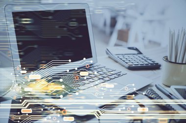 Arkaplanda bilgisayar ve veri teması çizimi olan tablonun çifte pozlandırılması. Yenilik kavramı.