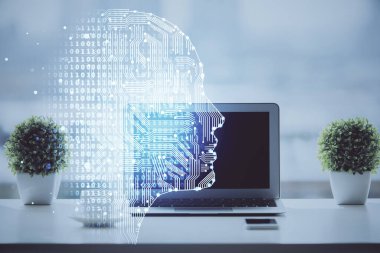 Bilgisayar ve beyin hologram çizerken masaüstüne çifte maruz kalma. Yapay zeka kavramı.