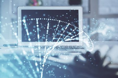 Masaüstü bilgisayar arkaplanı ve DNA çizimi. Çifte maruziyet. Bilim konsepti.