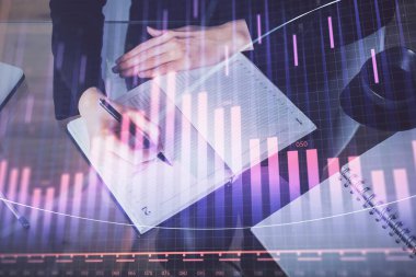 Forex grafik hologram el notları arka plan alarak. Analiz kavramı. Çoklu pozlama