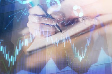 Finansal Forex grafik eller notları arka plan alarak görüntülenir. Araştırma kavramı. Çift Pozlama