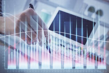 Finansal Forex grafiği el notları arka plan alarak çizilmiş. Araştırma kavramı. Çoklu pozlama