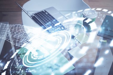 Arka planda kişisel bilgisayarı ve teknik tema çizimi olan iki kat masaüstü görüntüsü. Veri analizi kavramı.