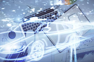 Otomatik pilot hologram masaüstü arka planında bilgisayardan çizim yapıyor. Üst Manzara. Çifte maruziyet. Teknoloji kavramı.
